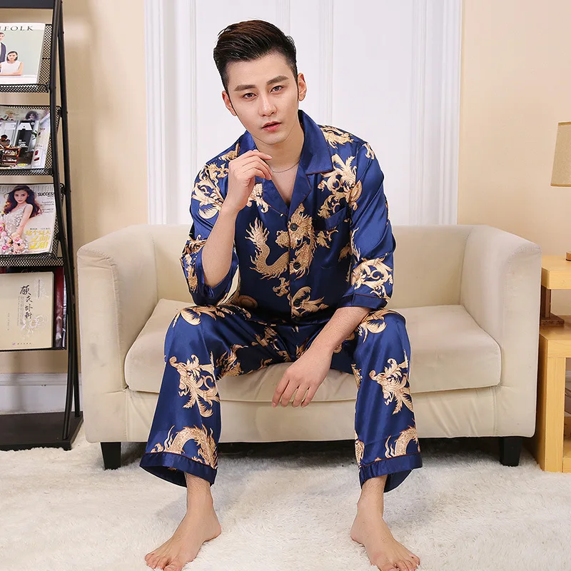 

Chinese Style Men Print Dragon Pajamas Pj Suit 2PCS Spring New Sleepwear Nightwear Casual Satin Home Wear Rayon Loose Sleep Set