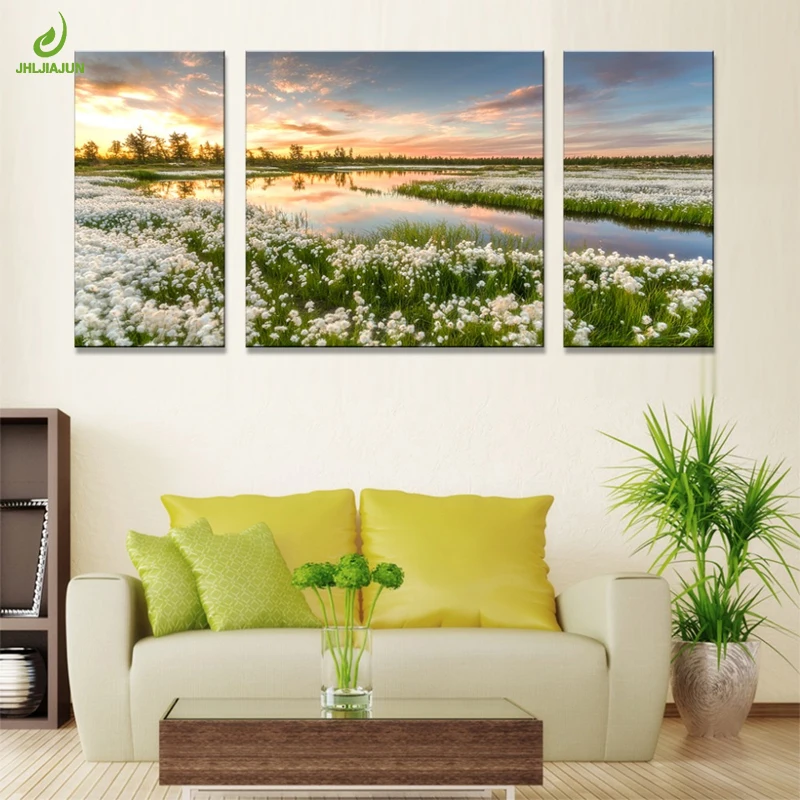 

JHLJIAJUN Nordic Triptych Setting Sun Lake Canvas Painting Modular Realistic Wall Art Posters And Prints Living Room Home Decor