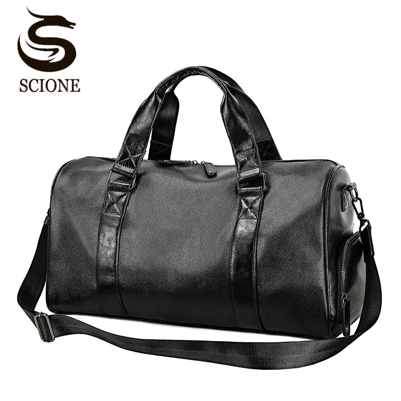 

Scione Solid Travel Luggage Shoulder Bags Simple Fashion Sport Shoe Organizer High Quality PU Leather Handbag Business Tote Bag