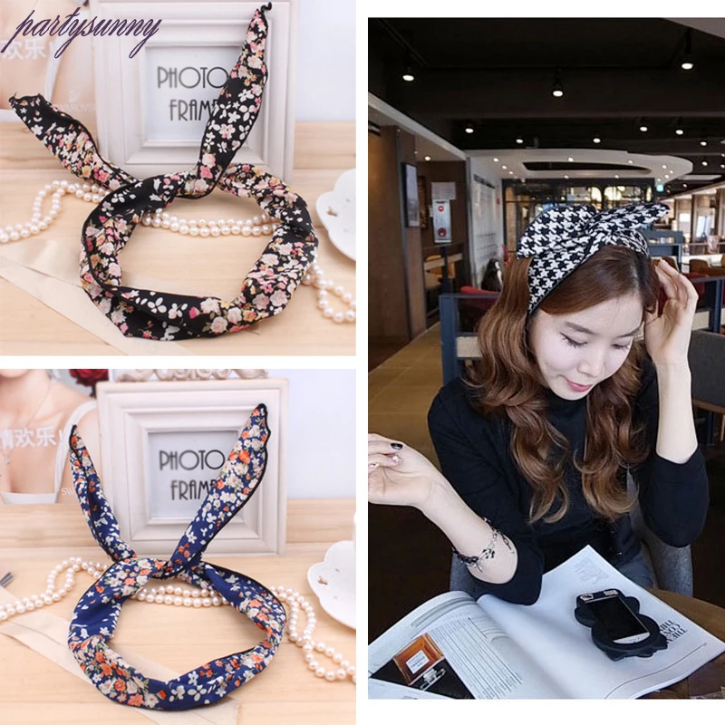 

PF Rabbit Ears Hair Band Iron Wire Headband Headwear Fabric Flower Hair Tie Hairpins Scrunchy Hair Accessories for Women TS0349