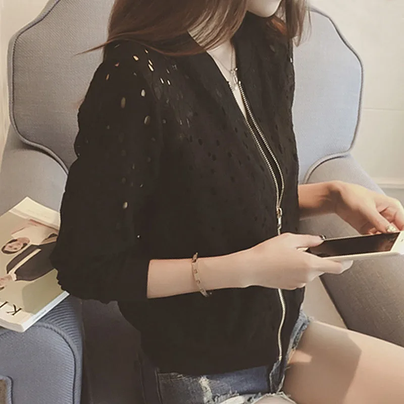 

Hot Fashion Women Bomber Jacket Long Sleeve Lace Sunscreen Shirt Short Summer Thin Coat Casual Baseball Coat MSK66