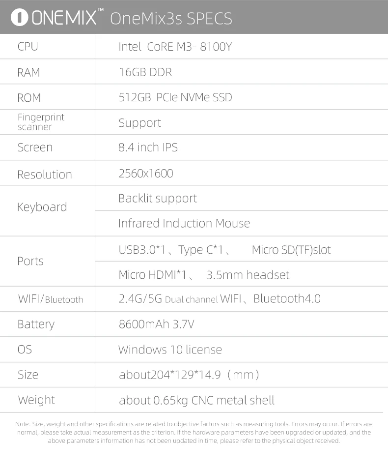 Один нетбук One Mix 3S ноутбук Йога карманный ноутбук 8,4 ''IPS M3-8100Y Windows 10 Мини ноутбук 16 ГБ 512 Гб PCIE SSD