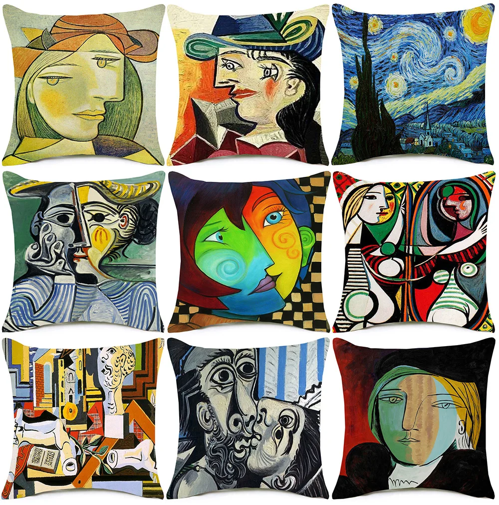 

Pablo Picasso Famous Paintings Cushion Covers 20 Style The Starry Night Surrealism Abstract Art Cover Beige Linen Pillow Case