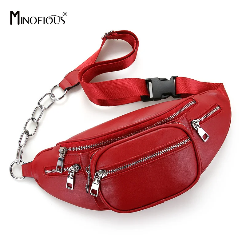 

MINOFIOUS Women Solid Chain Fanny Pack Brand Women's Belt Waist Bag Round Belt Bags Fashion Designer Waist Pack Shoulder Bag