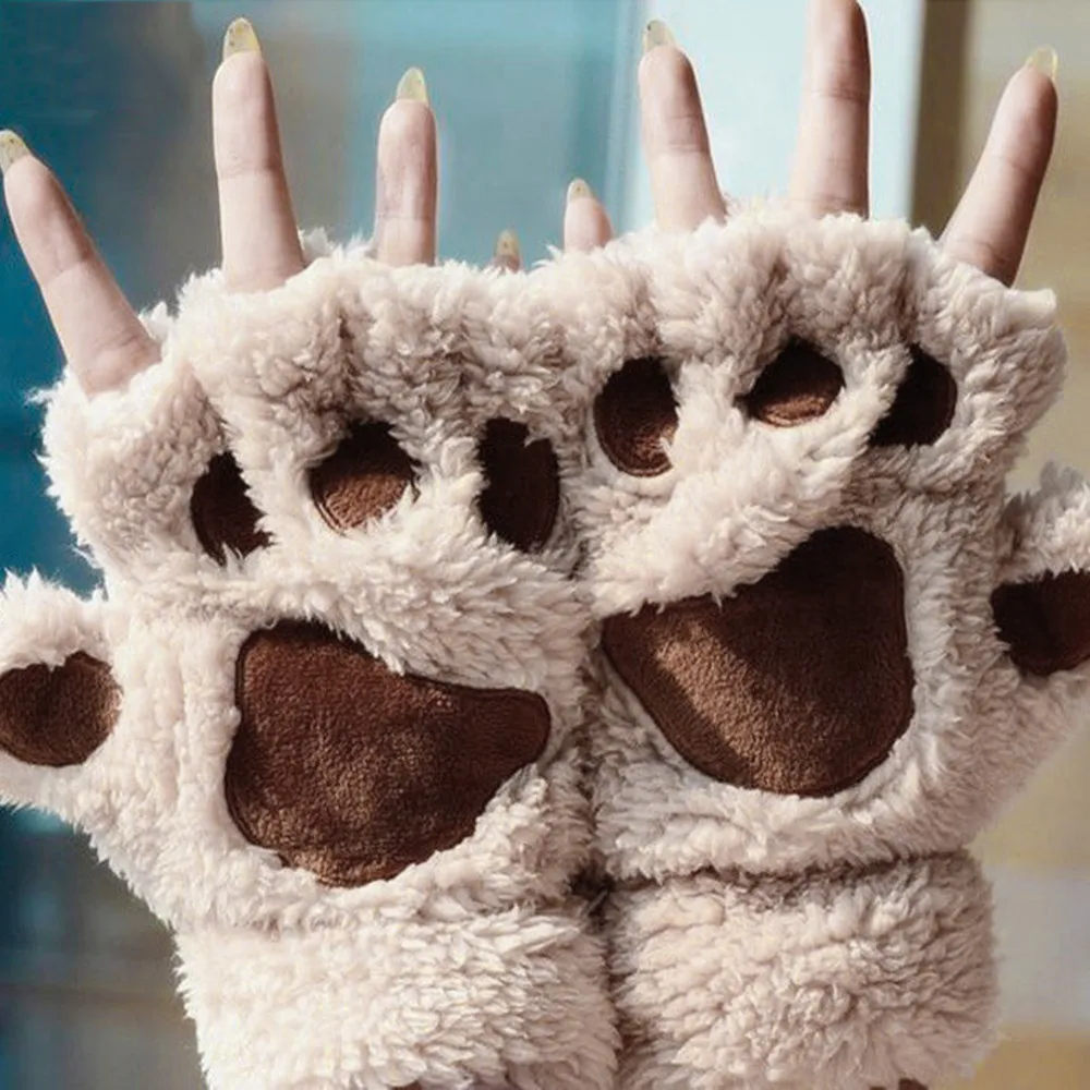 Теплые плюшевые перчатки без пальцев пушистые когти медведя/кошки лапы животных мягкие теплые милые женские перчатки с полупальцами