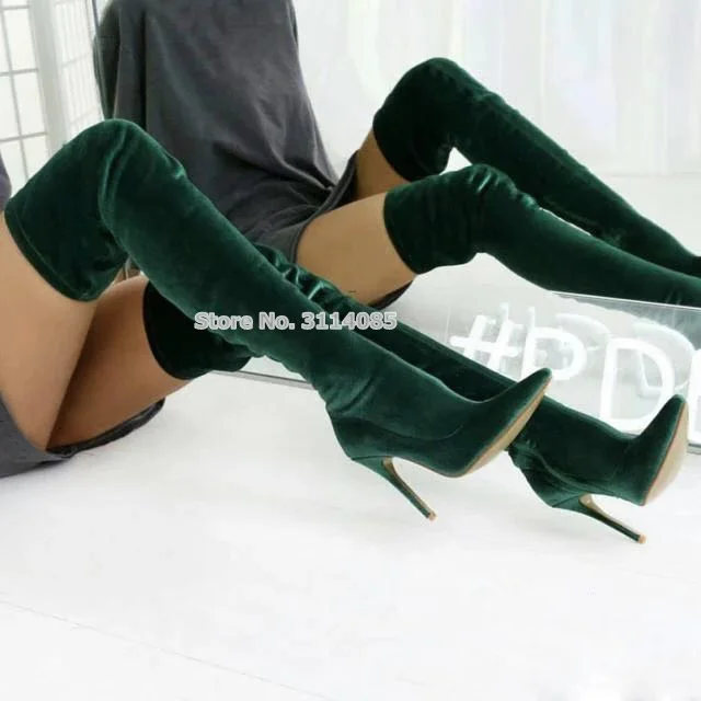 New Year Women Dark Green Velvet Over The Knee High Boots Pointed Toe
