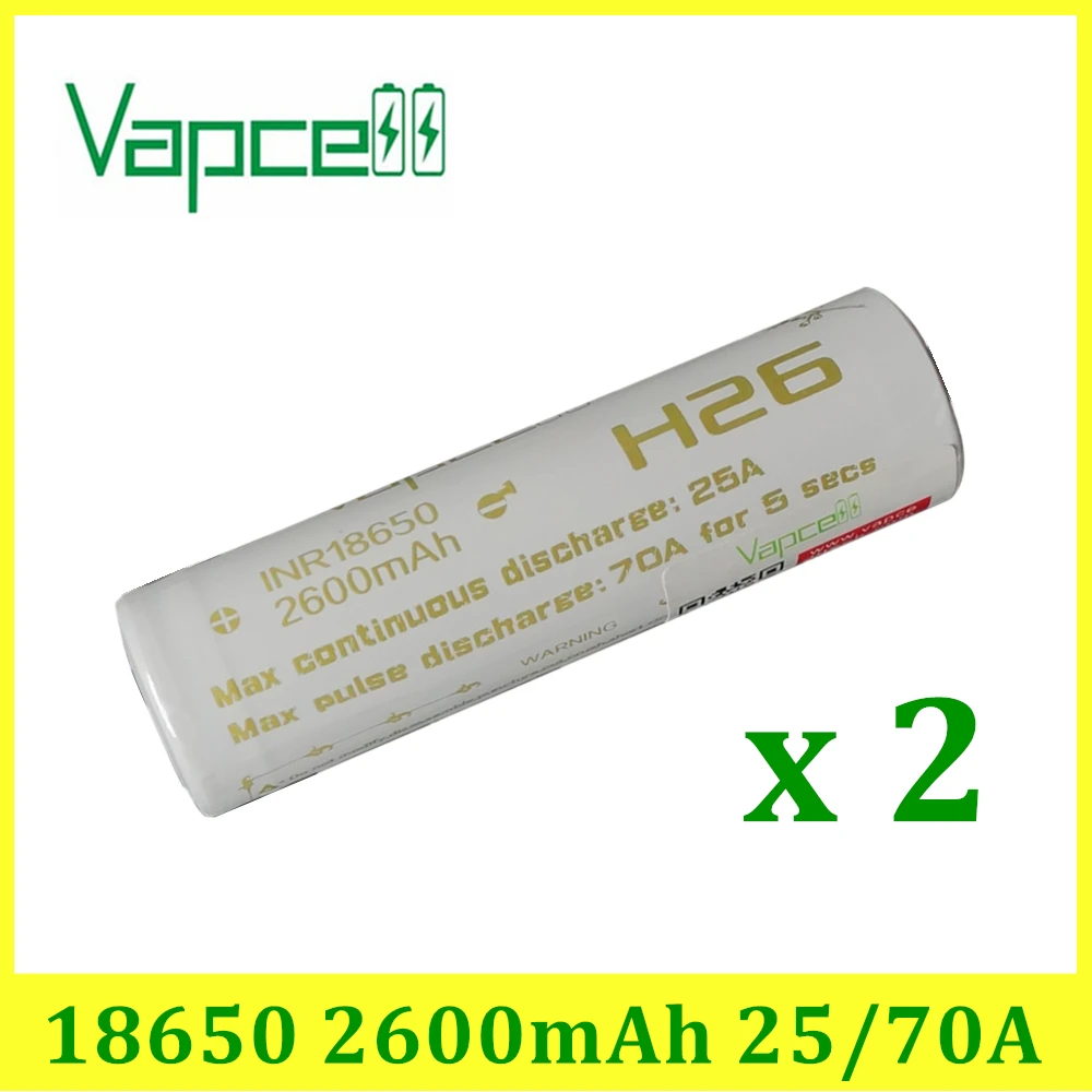 

2 pcs Vapcell INR 18650 2600mAh 25A max pulse discharge IMR 70A for 5 secs H26 rechargeable battery electronic smoke vs keeppowe