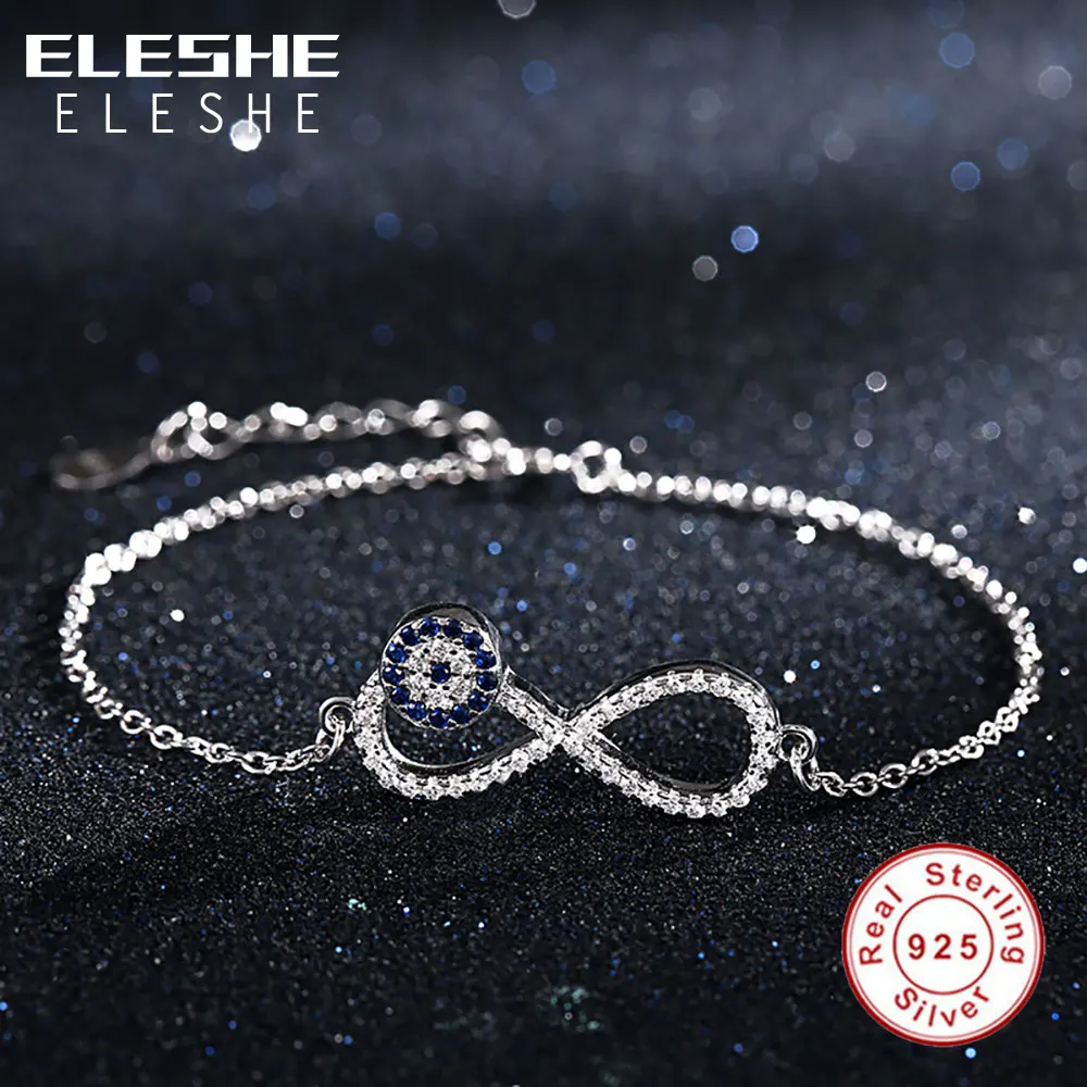 ELESHE 925 Sterling Silver Chain Link Women Bracelet Bangle Blue Rhinestone Lucky Eye&Infinity Charm Bracelet for Women Jewelry