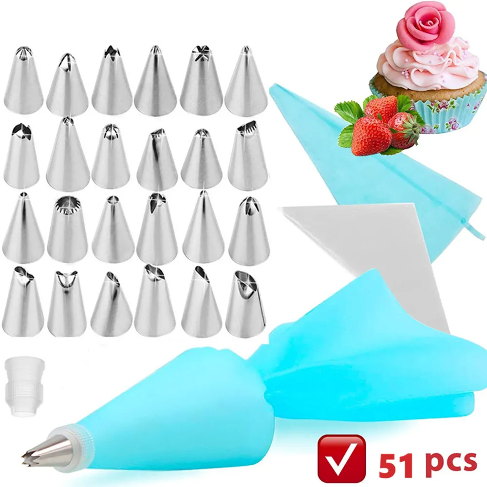 51pcs Dessert Decorators Kit Silicone Icing Piping Cream Pastry Bag+48 ...