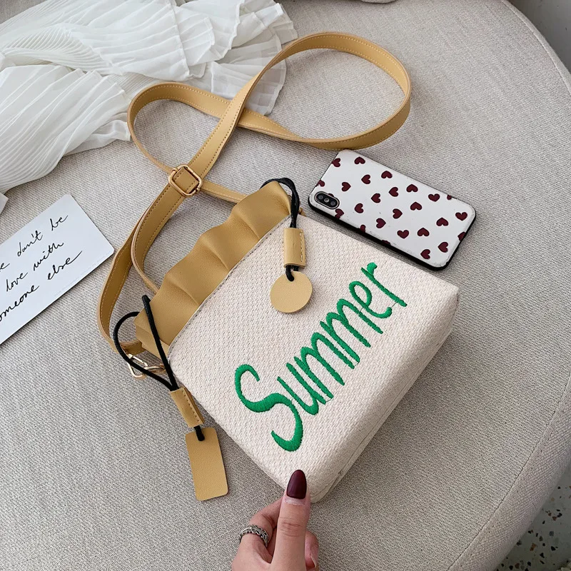 

Summer Embroidered Straw Bucket Girl Shoulder Messenger Bag Vacation Casual Women Flap Handbag Lady Contrast Color Crossbody Bag