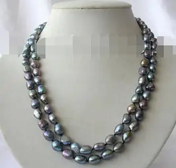 

stunning 18" 2rows 9-10mm baroque black freshwater cultured pearl necklace h754