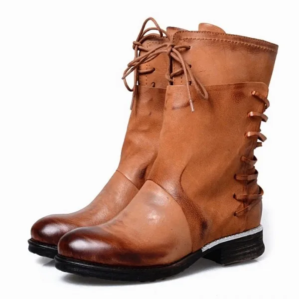 Designer Womens Sheepskin Retro Block Round Toe Casual Half Boots Street Narrow Band Side Zipper