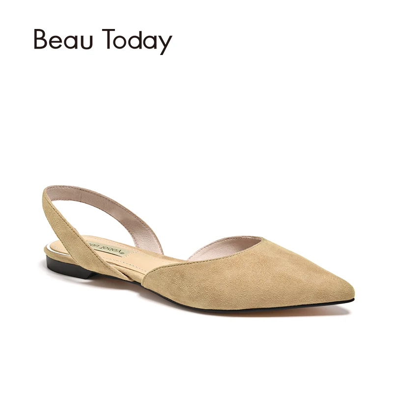 

BeauToday Women Sandals Kid Suede Genuine Leather Slingback Strap Pointed Toe Flat Heel Ladies Summer Shoes 30058