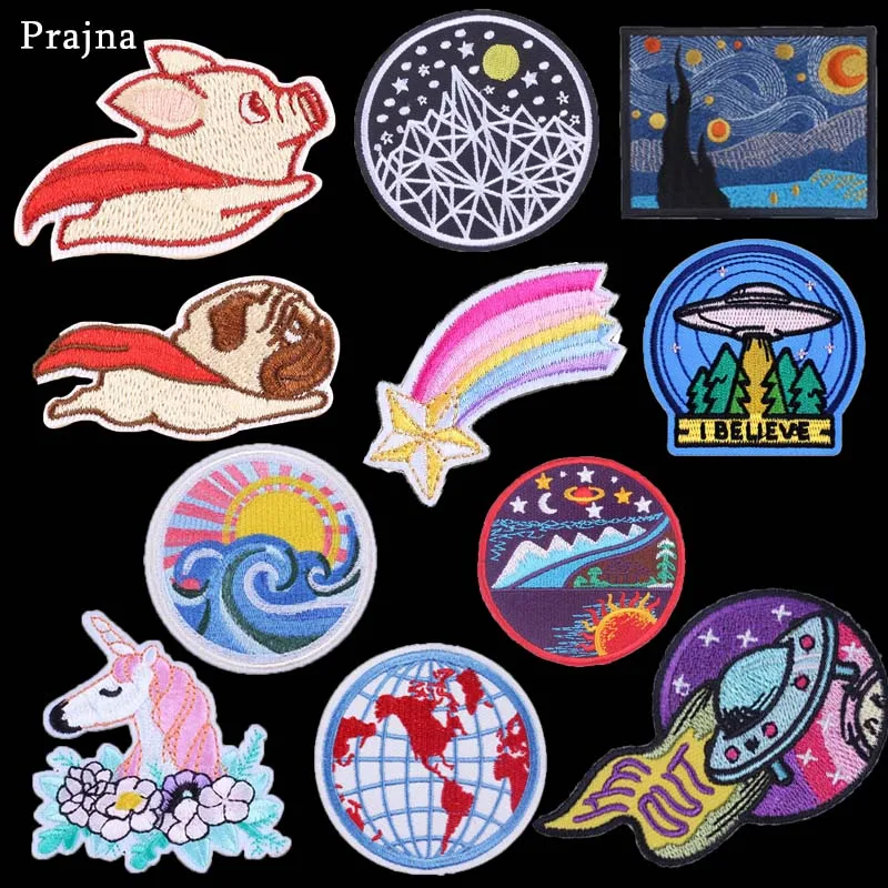 

Prajna Flying Dog Fabric Applique Iron-on Van Gogh Space Patch for Cloth Stickers UFO Rainbow Star Patches Cosas Para Perros H