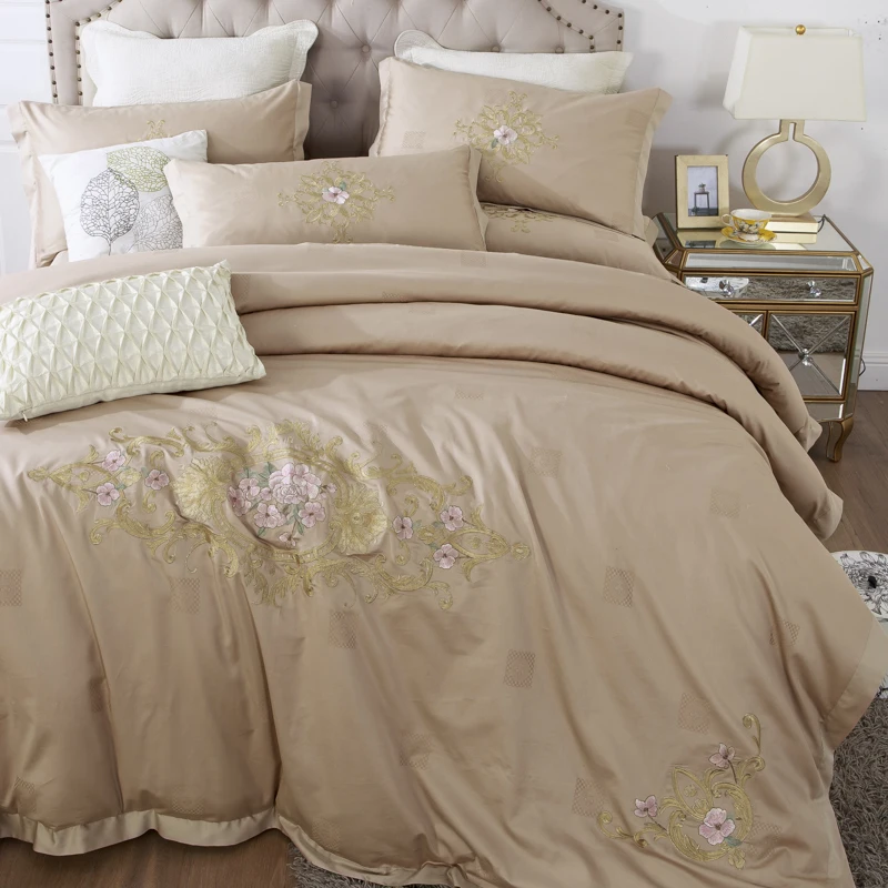 

Luxury Khaki Pink Blue Gray European Flowers Embroidery 100% Egyptian Cotton Bedding set Duvet cover Bed sheet/Linen Pillowcases