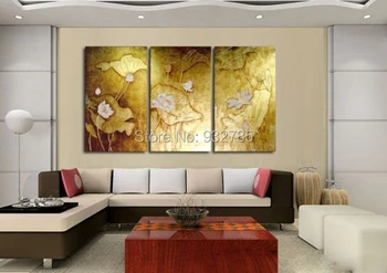 

Free shipping! 100% hand-painted gold leaf on canvas, Thai style home decorative painting, lotus