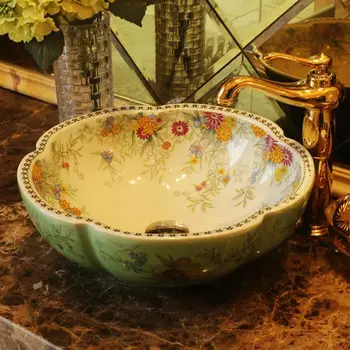 

China Artistic Handmade Flower Shape Pastoral Style Counter top Ceramic Bathroom Vessel Sink ceramic art wash basin 