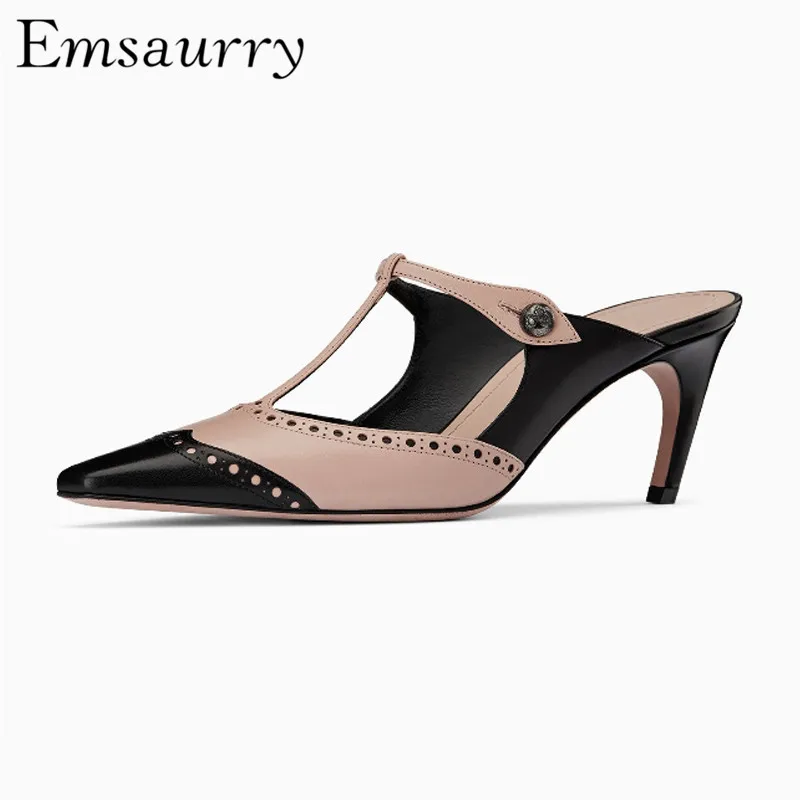 

Retro Style Real Leather Brogue Shoes Kitten Heels T-strap Pointed Toe Mixed Color Carved Slingback Slippers Women