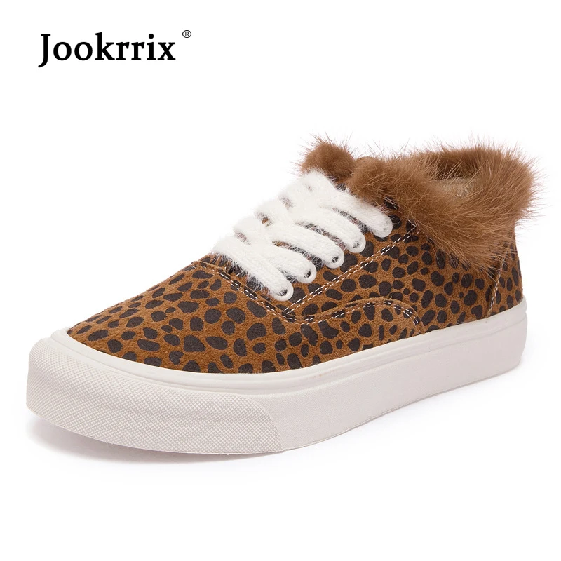 

Jookrrix 2018 Casual Shoes Women Fashion Brand Leopard Sneakers Lady chaussre Winter Real Leather Female footware Cross-tied