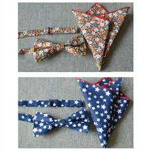 NEW ARRIVAL Men Fashion Cotton Floral Star Matching Bow Tie Handkerchief Set BWTYX0054