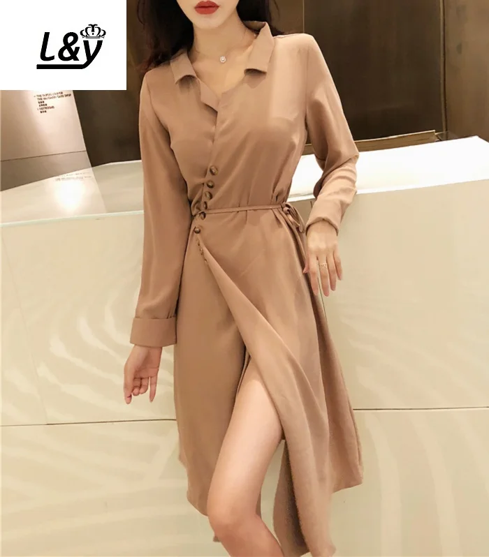 

L&Y Solid Slit Sexy Dress Women Fashion Irregular V-Neck Single Breasted Lace Up High Waist Autumn Vestidos Long Sleeves Dress
