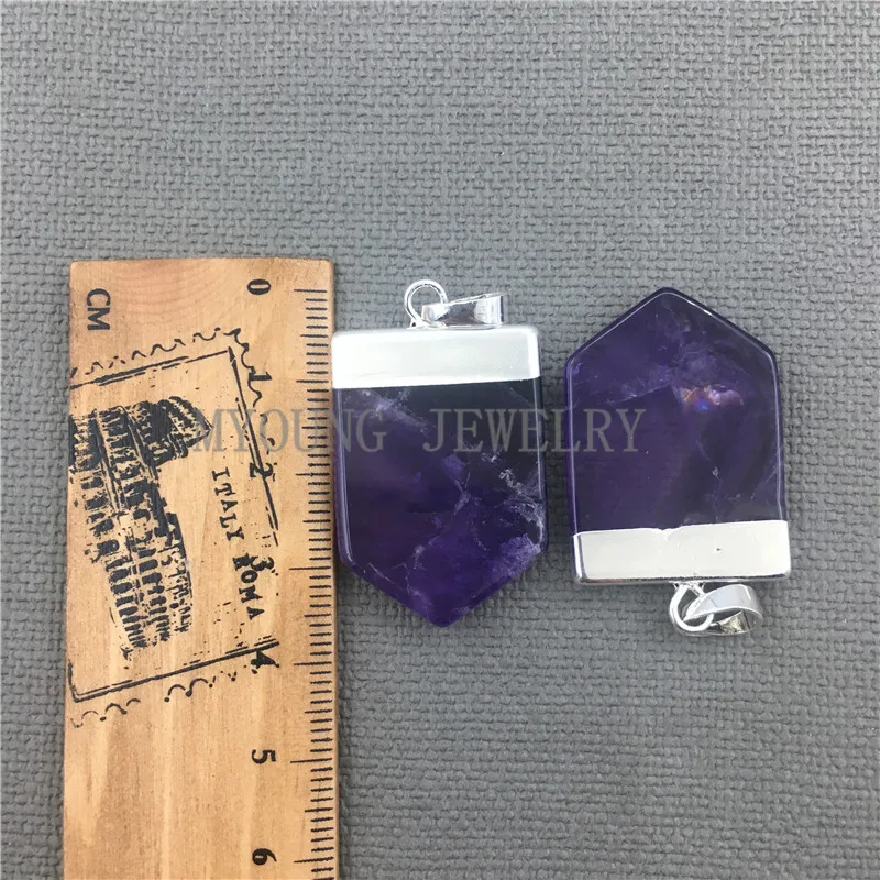MY0500 Pentagon  Amethyst Point Pendant Flat with Silver Color Cap and Bail Stone Slice Charm  (3)