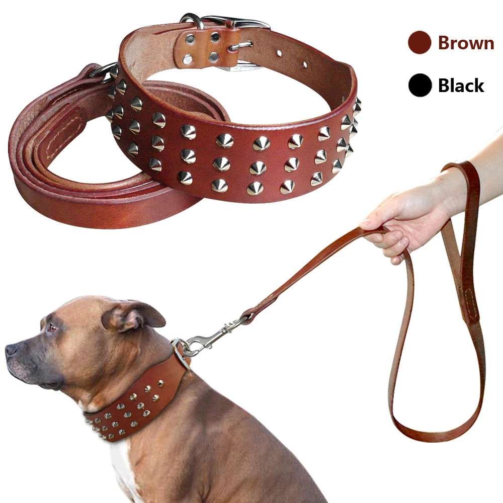 Keren Bertatahkan Kulit Asli Anjing Peliharaan Collars Leash Set