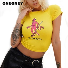 Женский топ с рисунком дьявола, желтая рубашка с короткими рукавами, хлопковая спортивная рубашка, спортивная женская футболка для спортзала, тонкий принт с героями мультфильмов, круглый вырез, новинка, Йога