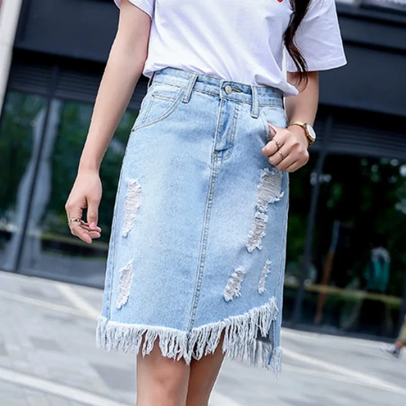 Летняя модная Корейская стильная женская джинсовая юбка с кисточками больших размеров уличная Высокая талия Стиль преппи, Одноцветный цвет Женская юбка
