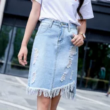 Летняя модная Корейская стильная женская джинсовая юбка с кисточками больших размеров уличная Высокая талия Стиль преппи, Одноцветный цвет Женская юбка