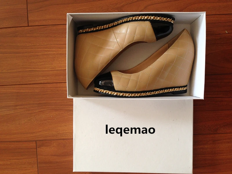 New Fashion Office Lady Nature Style Women Pumps Genuine Leather Chain High Quality Round Toe Ladies Wedges Shoes Size 35-40