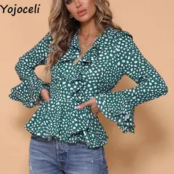 Yojoceli Сексуальная рюшами напечатаны случайные блузка женщины Осень wrap ежедневный зеленый Элегантная блузка женские зимние вечерние пляж