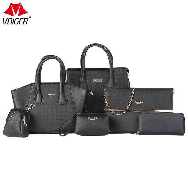 Us 60 94 Ver Women Bags Set Fashionable Handbags Kit Including Tote Shoulder Bag Pouch And Wallet Black Of 6 For Elegant Female In