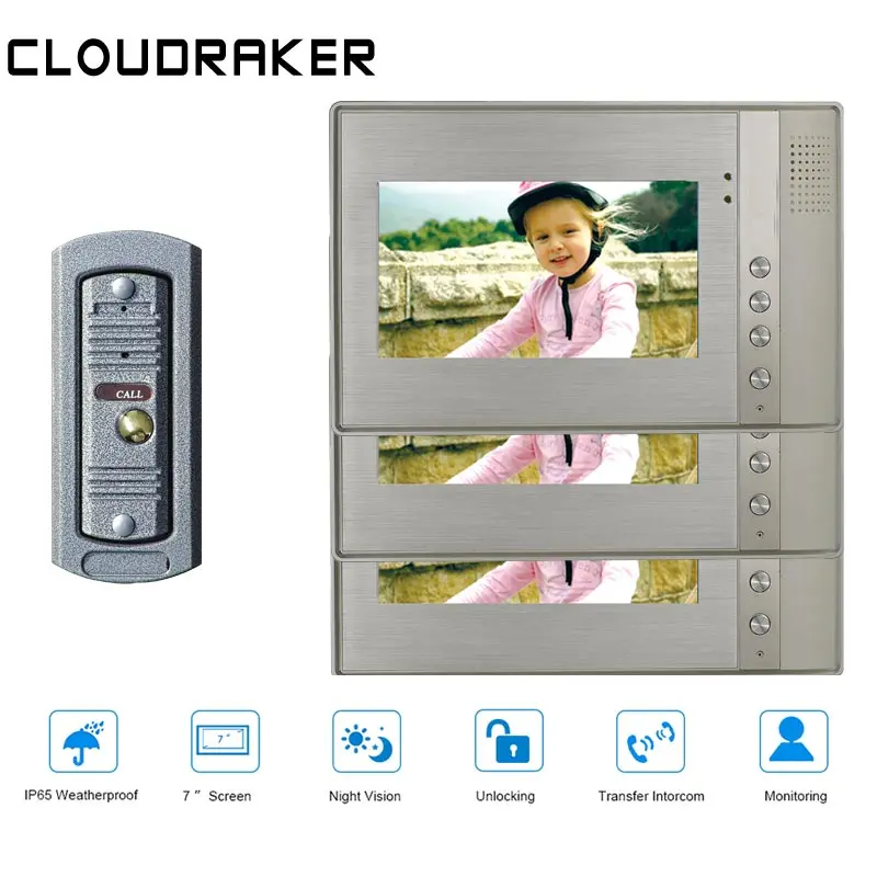 

CLOUDRAKER 7'' Video Doorbell Intercom System 3x Metal Outlook Monitor with 1x Wired PI Door Phone Camera Video Intercom