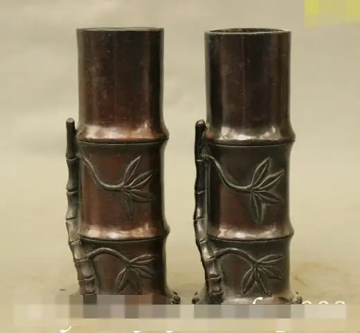 

S5375 7" China Chinese Pure Bronze Auspicious Bamboo Shape Statue Bottle Vase Pot Pair
