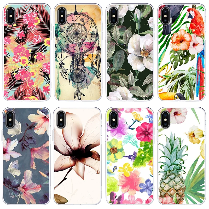 Чехол для iPhone X XR XS Max 8 7 6 6s плюс 5 5S se Мультфильм Красочные Цветы Листья ананаса
