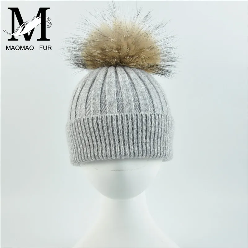 

Child Fur Pom Pom Hat Fashion High Quality Baby Warm Knitted Beanie Cap Kids Real Raccoon Fur Ball Winter Hat