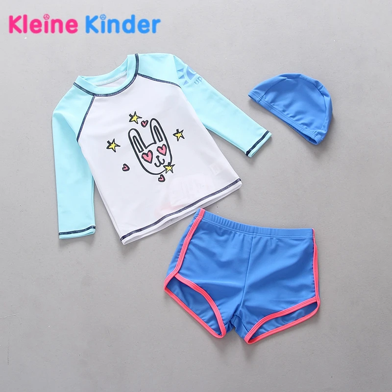 

New Swimsuit Girl Long Sleeve Sun Protection Two Pieces Shirts + Trunks with Cap Sky Blue Children Swimming Suits Girls Swimwear