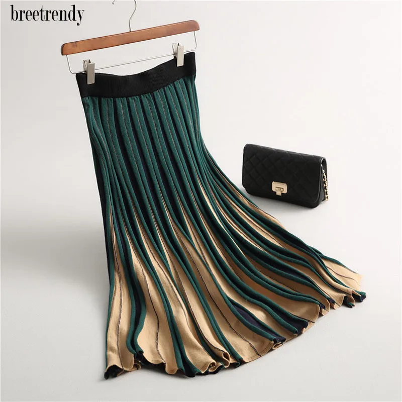 

Q924 women brief color block elegant pleated knit skirt ladies autumn winter sweater skirts saias