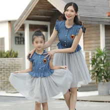 Denim Mesh Mother Daughter Dresses Family Look Mommy and Me Clothes Ruffled Mom Mum and Girls Dress Clothing Matching Outfits mommy and me denim long sleeves matching dress