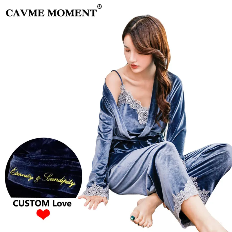 

CAVME Sexy Lace Pajamas Sets Winter V-Neck Velour Sexy Nightwear Women 3 Pces Set Full Sleeve Length Nightwear Home Clothes