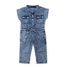 Летний джинсовый комбинезон без рукавов с бантом для маленьких девочек; комбинезон; одежда для маленьких девочек; джинсы; солнцезащитные комбинезоны; комбинезон