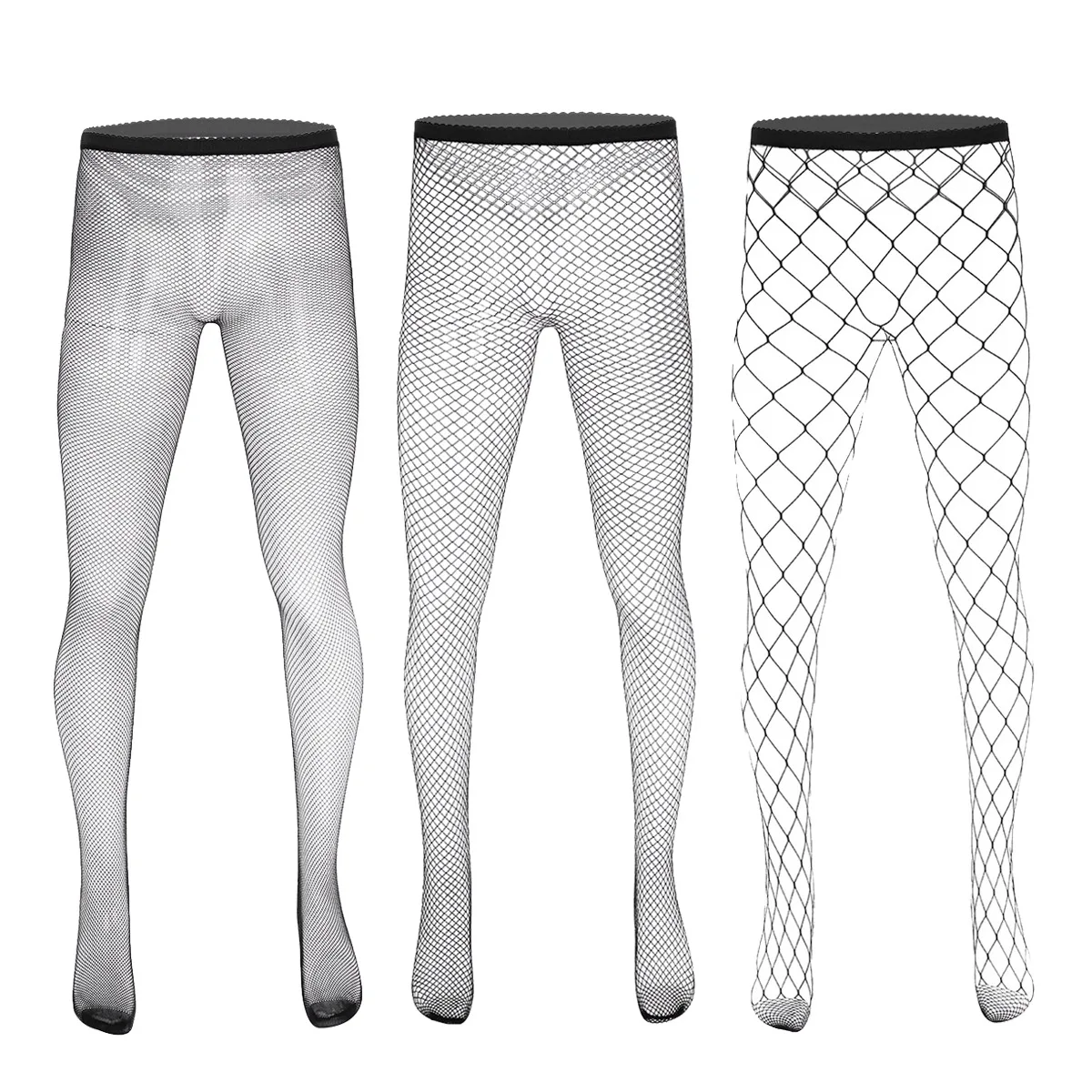 Men Exotic Hosiery Hollow Out Fishnet Stockings See Through Sheer Elastic Waist Closed Toes Tight Leggings Stretchy Pantyhose