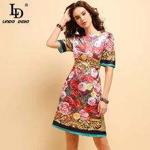 LD LINDA DELLA Moda Primavera Verano mujeres vestido Midi Vintage de manga corta estampado Floral elegante vestido de las señoras vestidos 2019