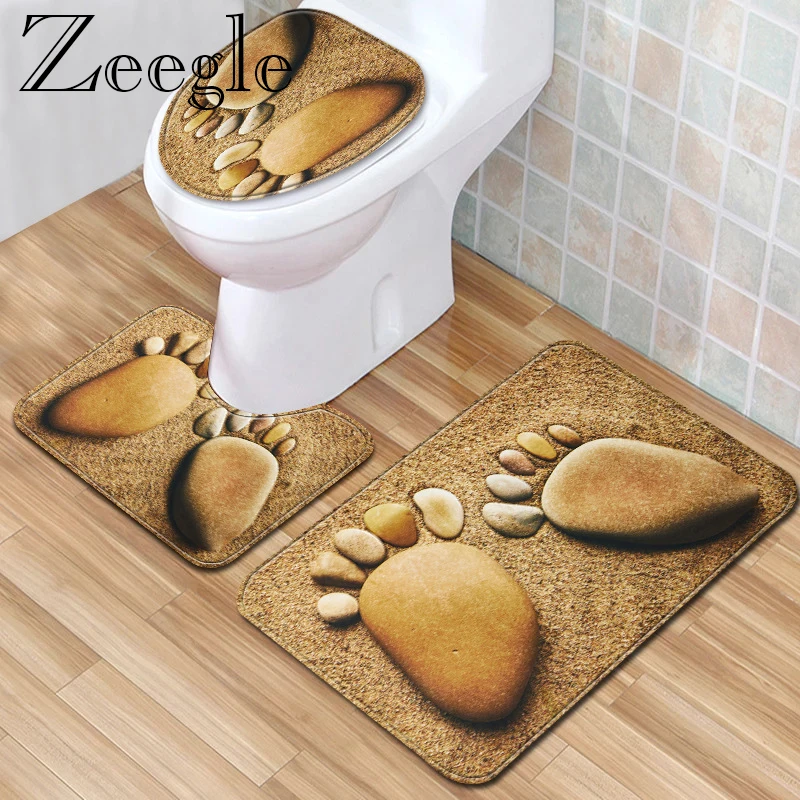 Zeegle Bathroom Carpet Set 3D Stone Bathroom Mat Set Non-slip Shower Mat Soft Decor Toilet Seat Tank Cover Rug