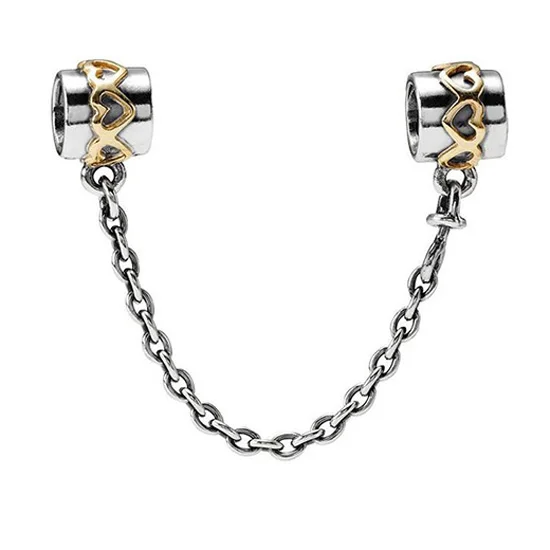 Authentic 925 Sterling Silver Bead Charm Gold Heart Lock Safety Chain