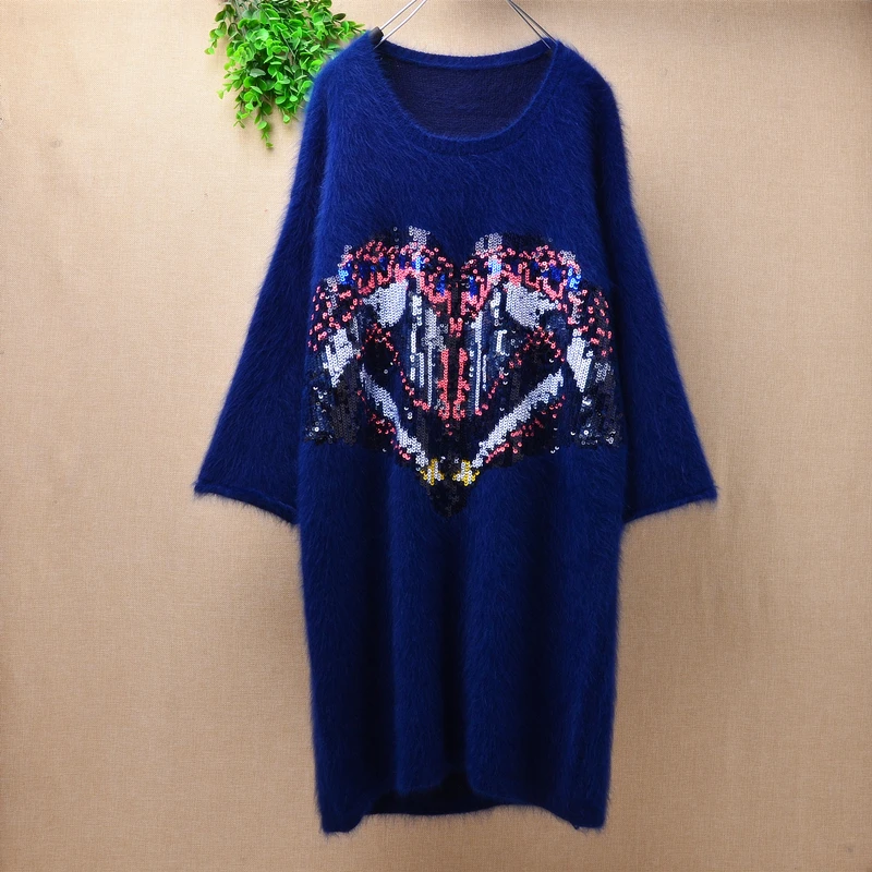 

Ladies women thicken fashion sequins long angora rabbit fur knitted o-neck bottoming long sleeves loose pullover sweater dress