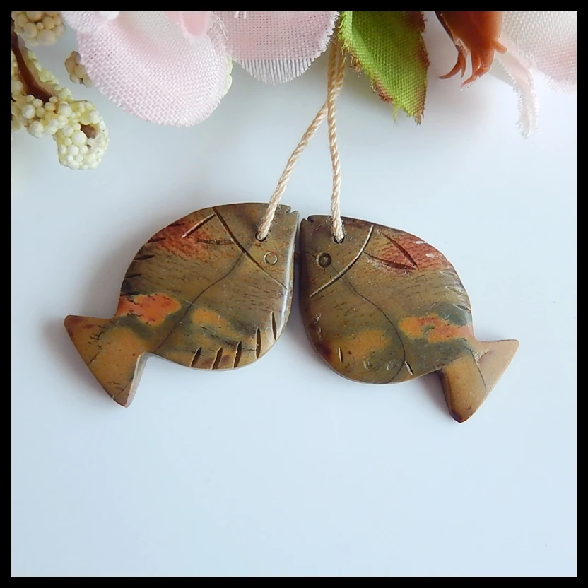 

Natural Multi-Color Picasso Jasper Carved fish women fashion Earrings,Semiprecious stone earring,29x18x3mm,5.6g