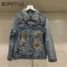 Осень/Зима модный синий женский/женский с вышивкой насекомых однобортный джинсовый пиджак пальто с длинными рукавами