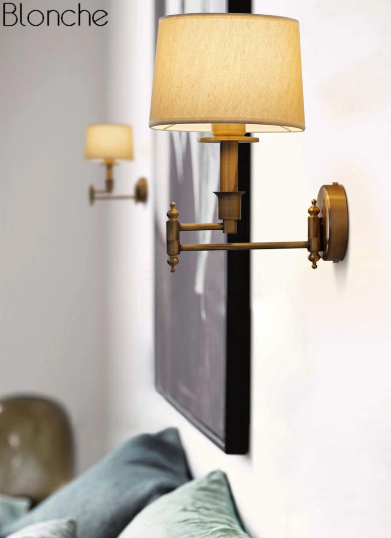 Американские винтажные бронзовые Настенные светильники тканевый настенный абажур канделябр осветительные приборы прикроватная лампа для спальни Лофт промышленный Декор E27